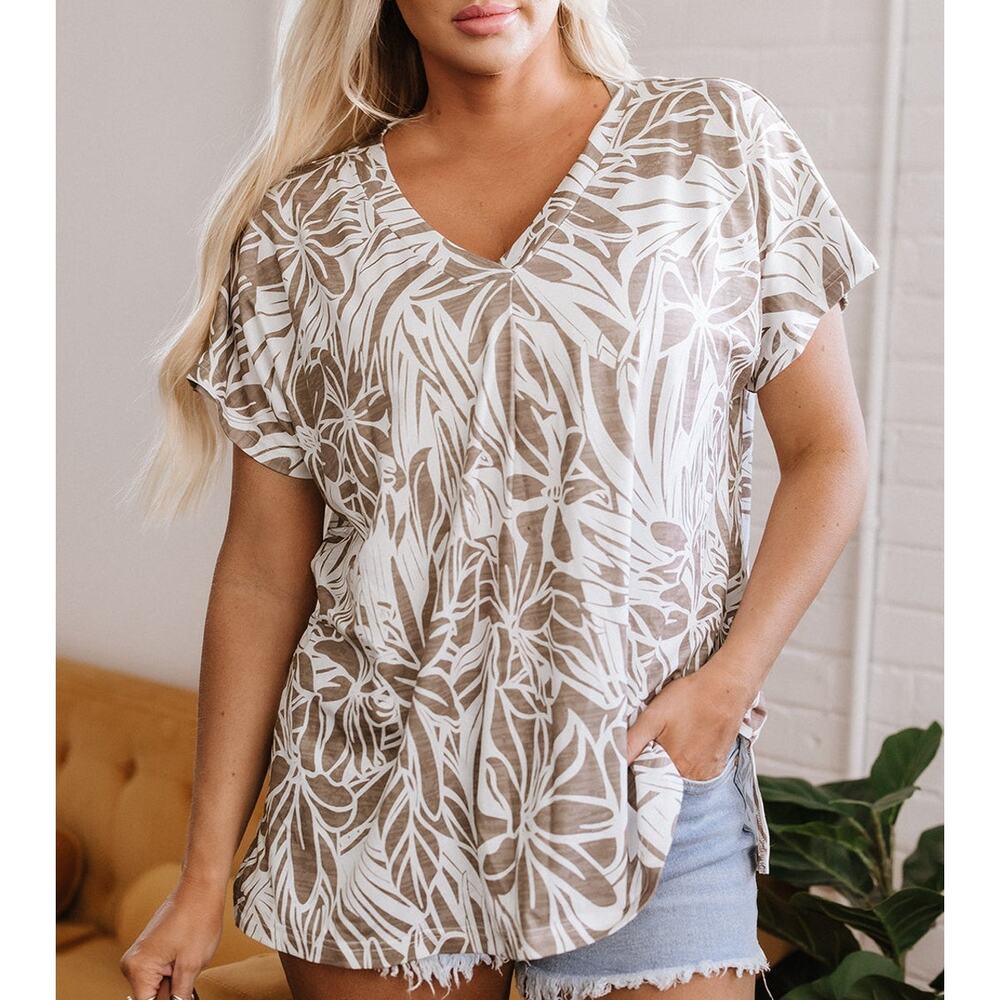 Beautiful Khaki Floral Print V Neck Short Sleeve Loose Fit Blouse